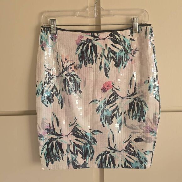 H&M White Floral Print Skirt with Clear Square Sequins, NWT, Sz. 8 - Picture 1 of 8